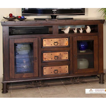 3 Drawer TV Stand with Compartment Space, Glass Doors and Copper Drawer Fronts